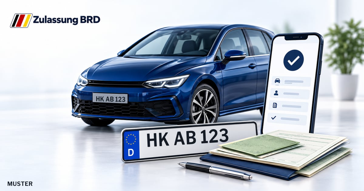 Online Fahrzeugzulassung in Soltau: Musterkennzeichen HK AB 123, Auto und Fahrzeugpapiere und Smartphone. Illustration mit Logo von Zulassung BRD.
